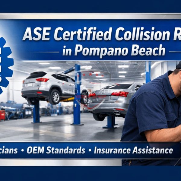 ASE certified collision repair in Pompano Beach with expert auto body technician polishing vehicle in professional repair shop 