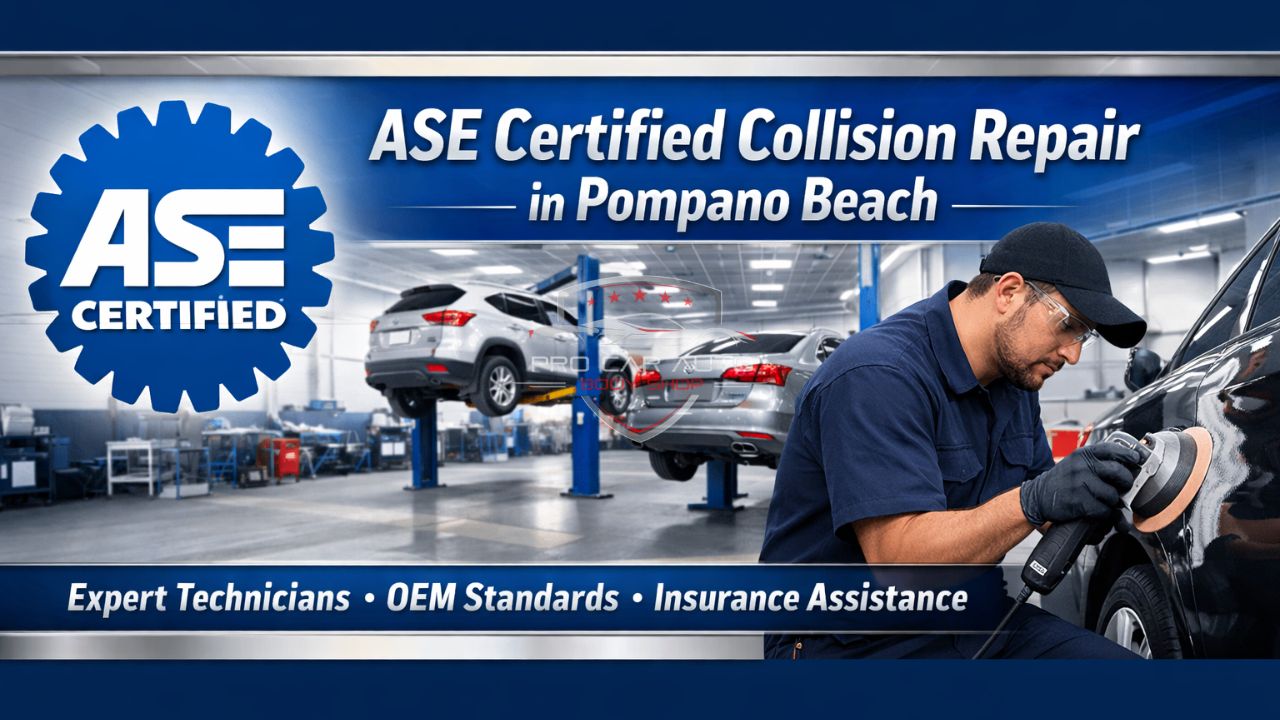 ASE certified collision repair in Pompano Beach with expert auto body technician polishing vehicle in professional repair shop