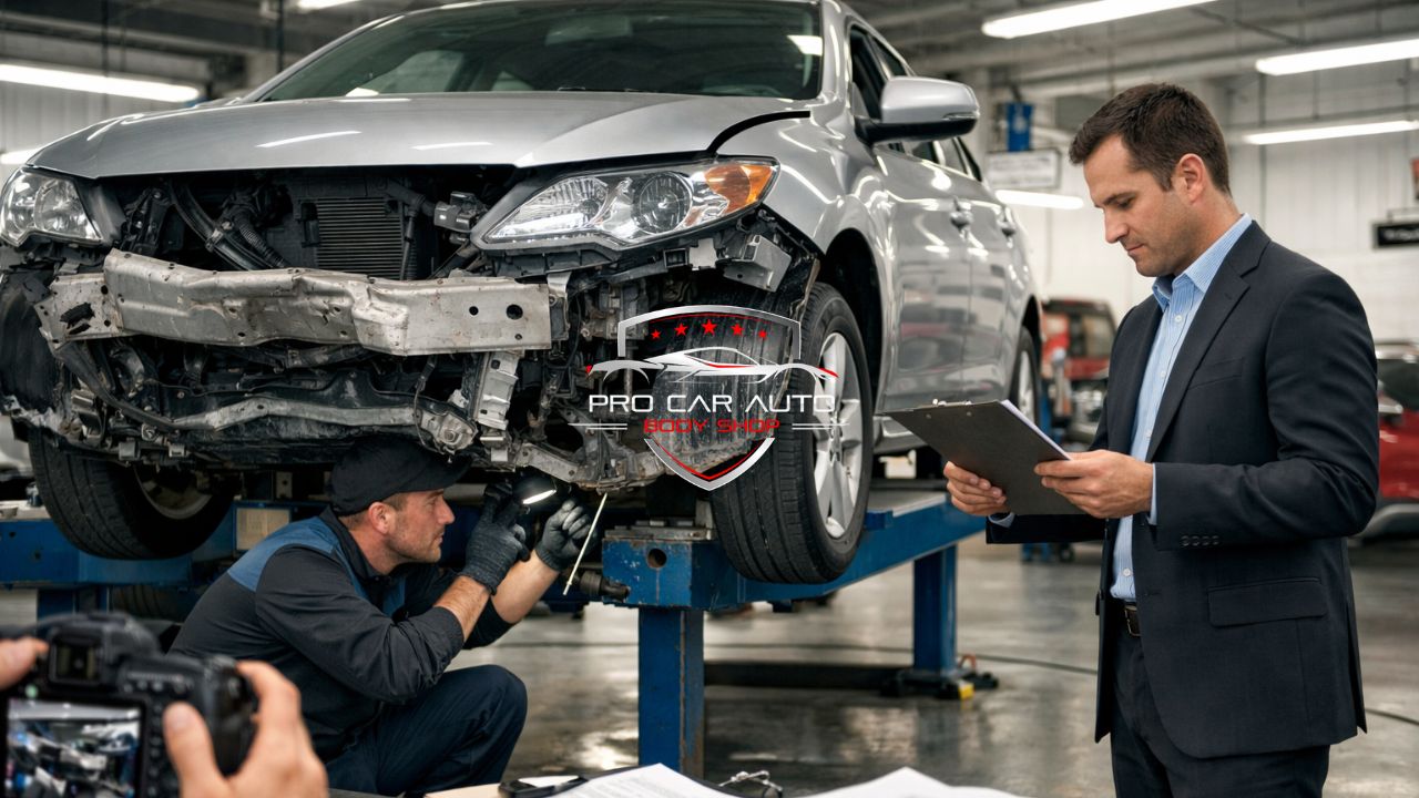Front-end collision repair inspection with insurance adjuster at Pro Car Auto Body Shop in Pompano Beach, Florida.