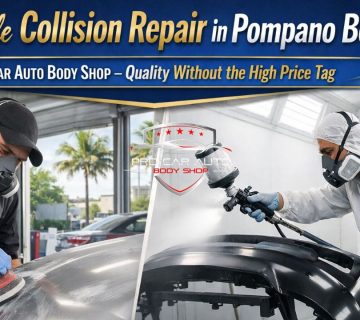Affordable collision repair in Pompano Beach with technicians sanding and spray painting a vehicle bumper at Pro Car Auto Body Shop 