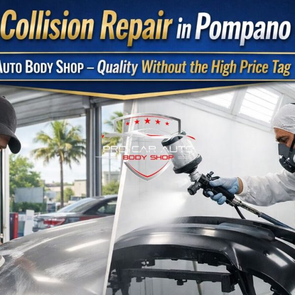 Affordable collision repair in Pompano Beach with technicians sanding and spray painting a vehicle bumper at Pro Car Auto Body Shop 