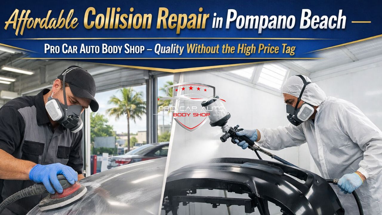 Affordable collision repair in Pompano Beach with technicians sanding and spray painting a vehicle bumper at Pro Car Auto Body Shop 