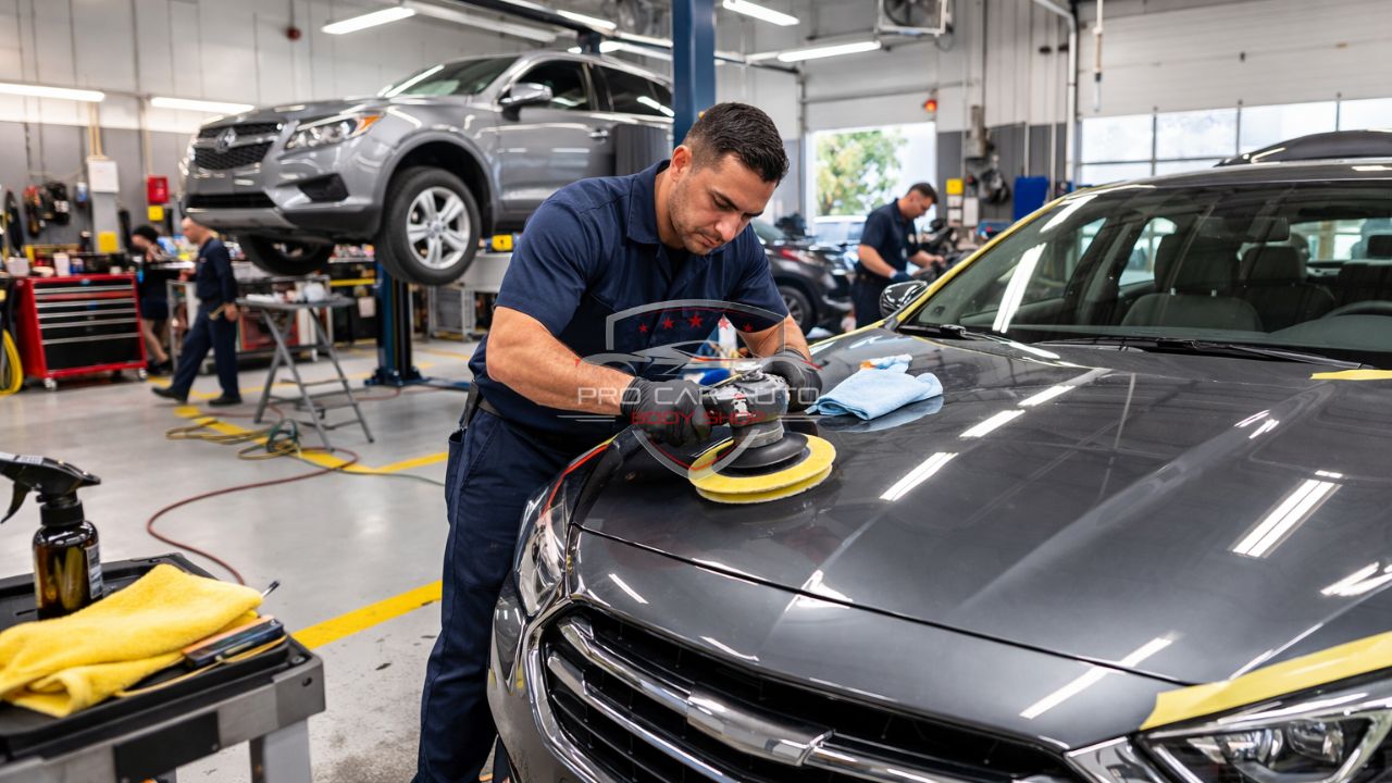 Auto body technician polishing a vehicle hood during affordable collision repair service in Pompano Beach, Florida.