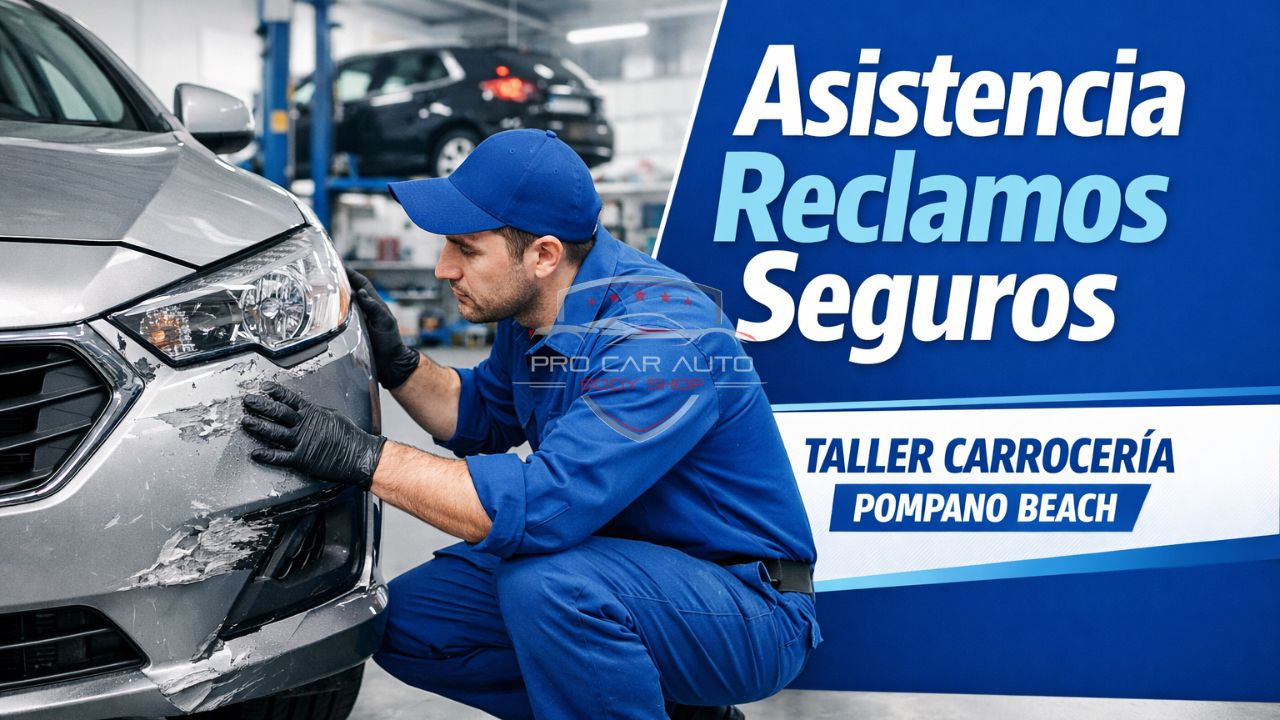 Asistencia con reclamos de seguros en taller de carrocería en Pompano Beach, técnico inspeccionando daño frontal de vehículo