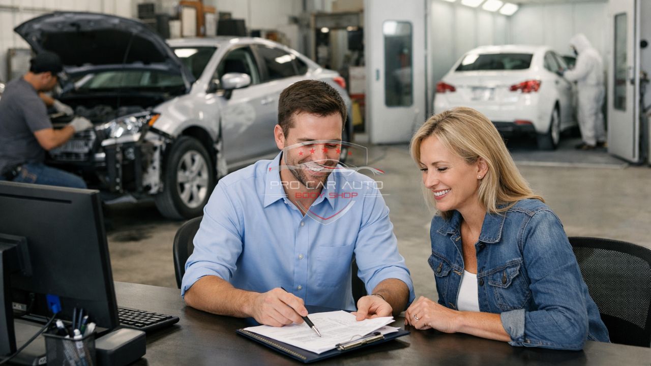 Customer reviewing collision repair estimate and insurance paperwork at auto body shop in Pompano Beach.