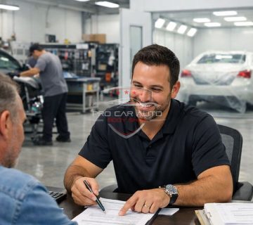 Auto body shop in Pompano Beach assisting customer with insurance claim paperwork inside modern collision repair facility 