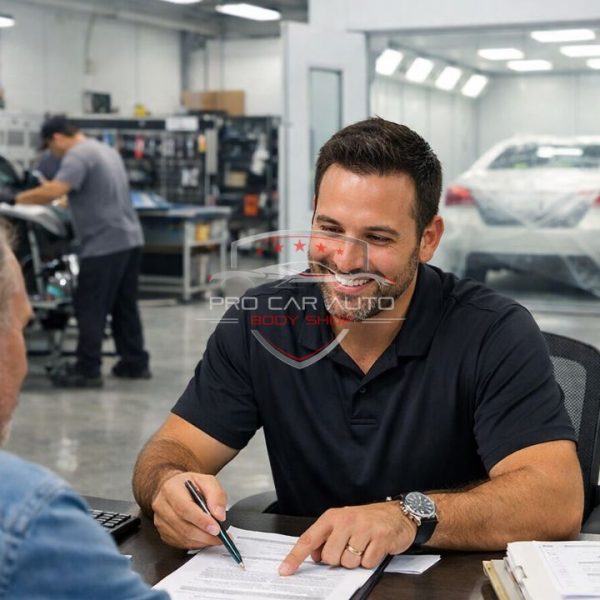 Auto body shop in Pompano Beach assisting customer with insurance claim paperwork inside modern collision repair facility 