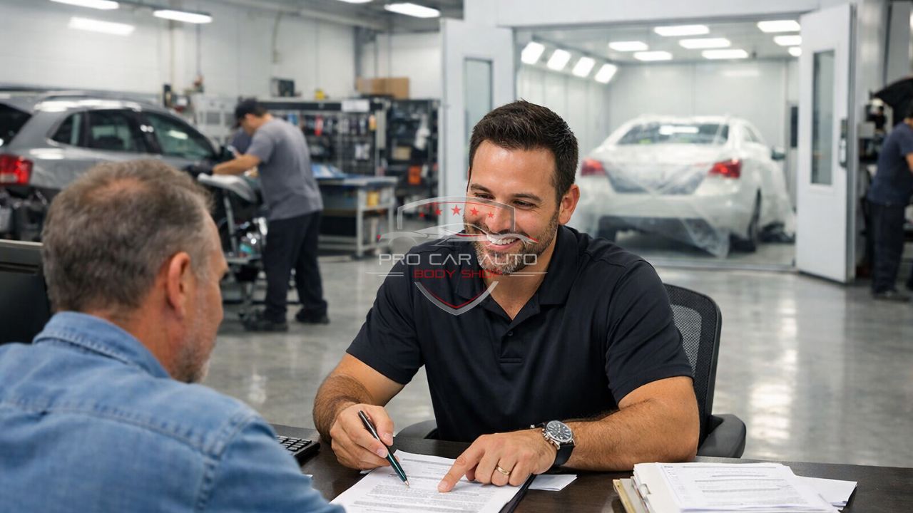 Auto body shop in Pompano Beach assisting customer with insurance claim paperwork inside modern collision repair facility 