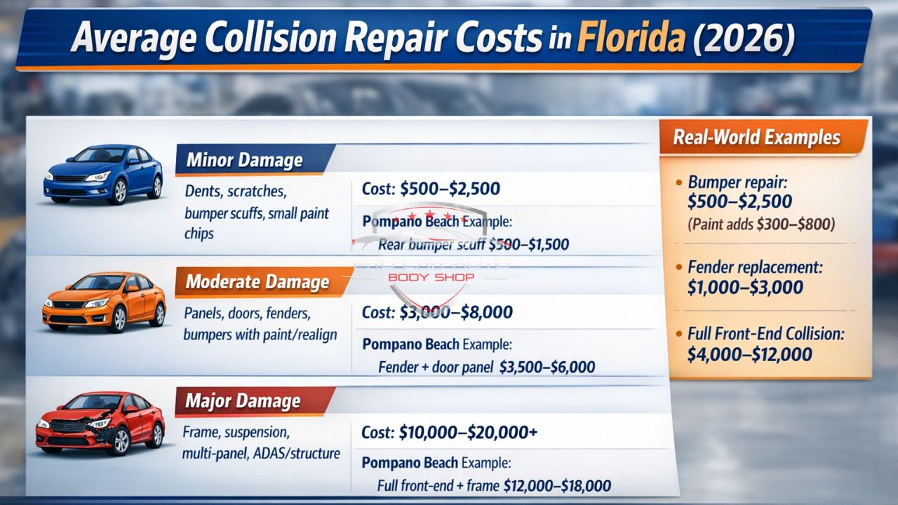 Average collision repair costs in Florida 2026 infographic showing minor, moderate, and major damage price ranges with real-world examples.