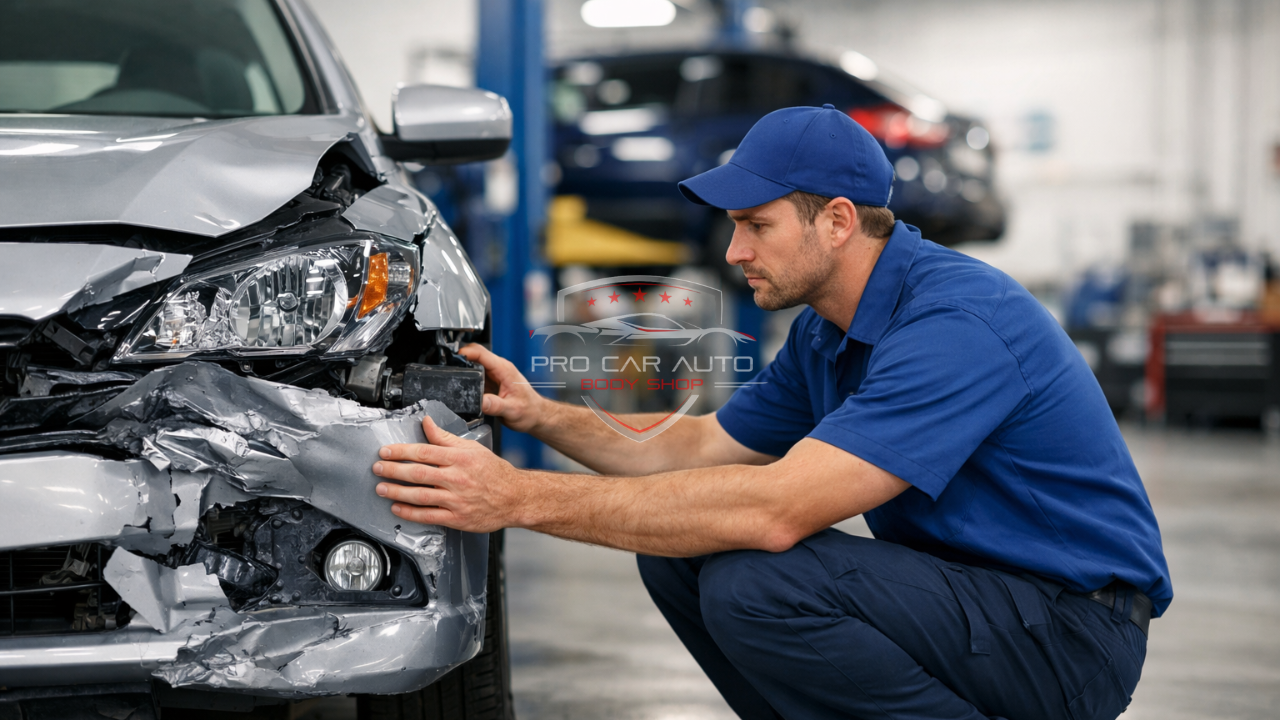 Técnico de taller de carrocería inspeccionando daño frontal de vehículo después de accidente en Pompano Beach, Florida, especialista en reparación de colisión y reclamos de seguros.