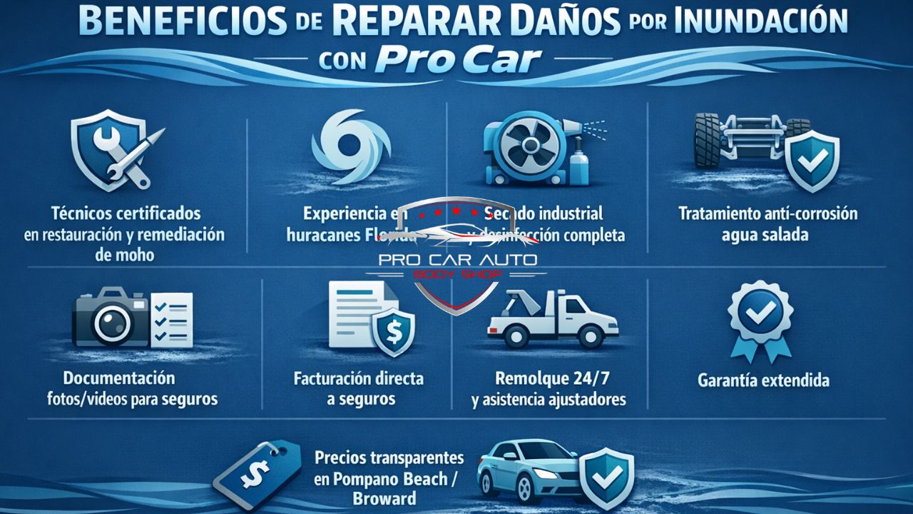 Infografía con beneficios de reparar daños por inundación en auto en Pompano Beach, FL, incluyendo secado industrial, tratamiento anticorrosión y facturación directa a seguros.