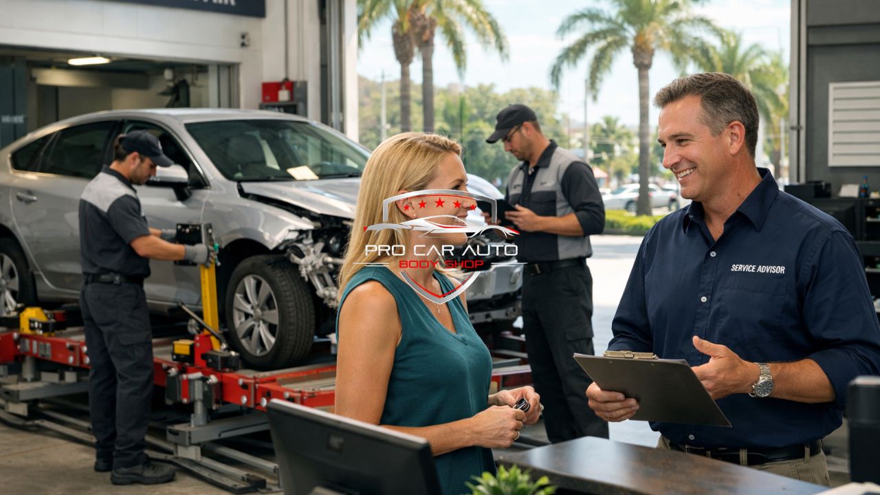 Customer speaking with service advisor at collision repair shop in Pompano Beach while technicians perform OEM structural repairs in background.