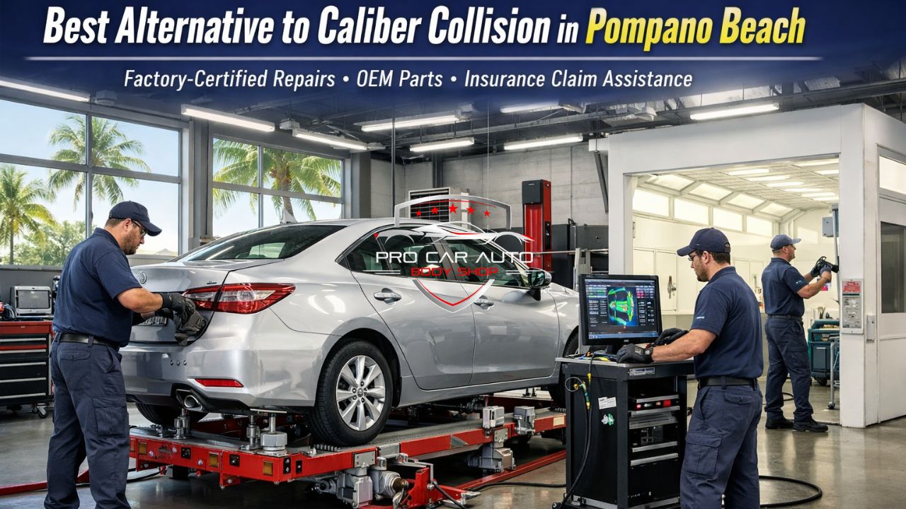 Factory certified collision repair shop in Pompano Beach performing OEM structural alignment and computerized diagnostics on sedan