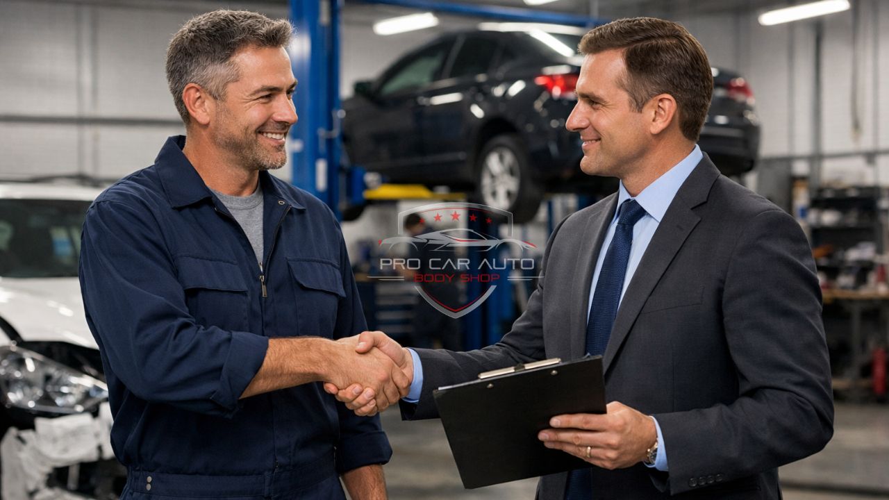 Auto body shop manager shaking hands with insurance adjuster during collision repair claim approval in Pompano Beach.