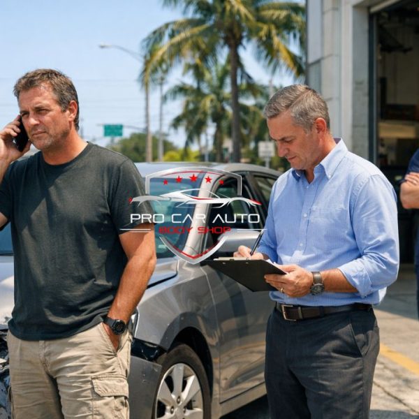 Car owner speaking on phone while insurance adjuster inspects front end accident damage outside Florida auto body shop 