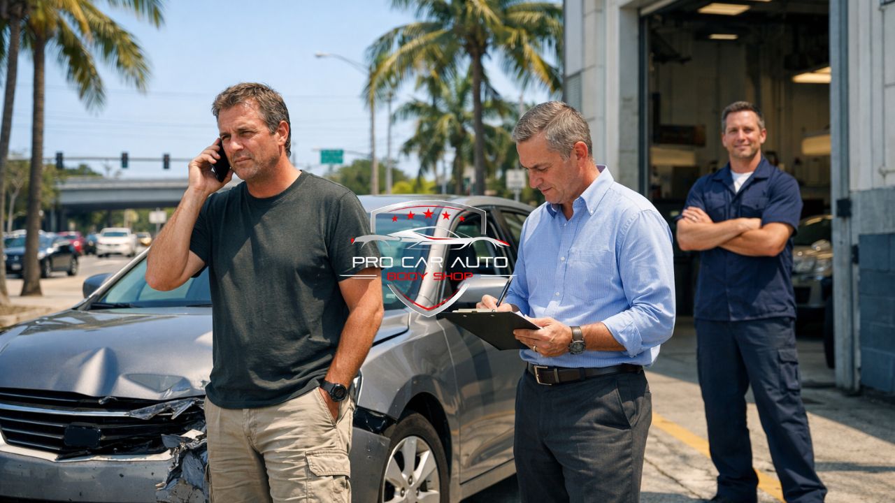 Car owner speaking on phone while insurance adjuster inspects front end accident damage outside Florida auto body shop
