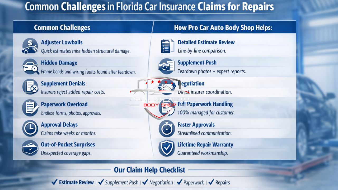 Common challenges in Florida car insurance claims for collision repairs and how Pro Car Auto Body Shop in Pompano Beach helps with supplements and negotiations.