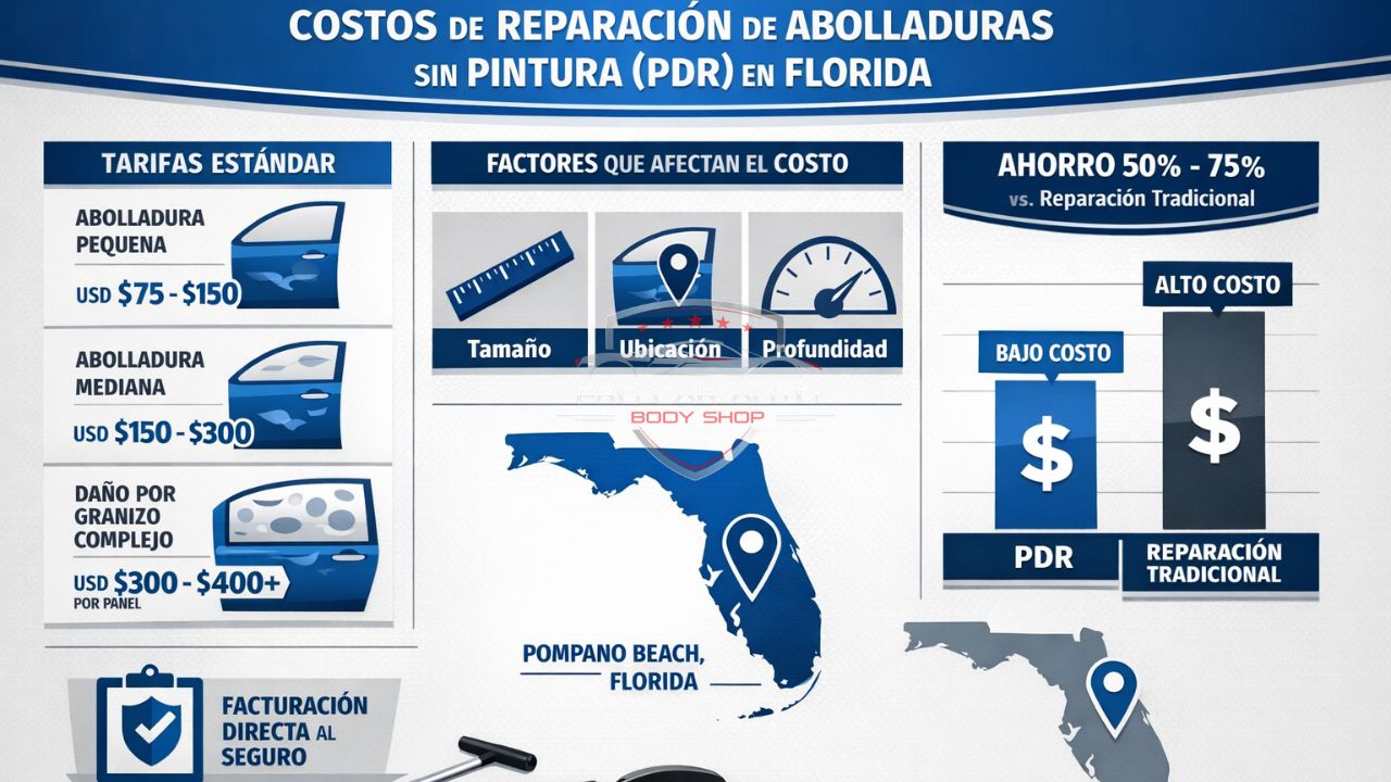 Infografía sobre costos de reparación de abolladuras sin pintura (PDR) en Florida con tarifas, factores de precio y comparación con reparación tradicional en Pompano Beach.