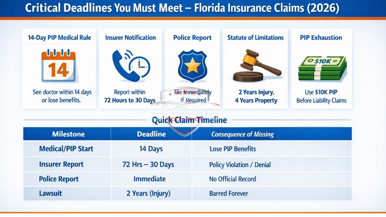 Florida insurance claim deadlines 2026 infographic showing 14-day PIP rule, insurer notification timeline, police report, and statute of limitations.