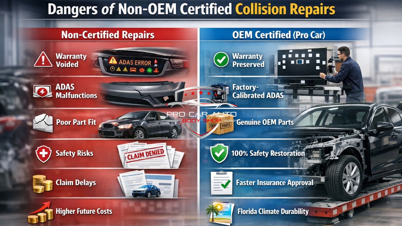 Dangers of non-OEM certified collision repairs vs OEM certified repair in Florida showing warranty risks, ADAS malfunctions, and safety concerns.
