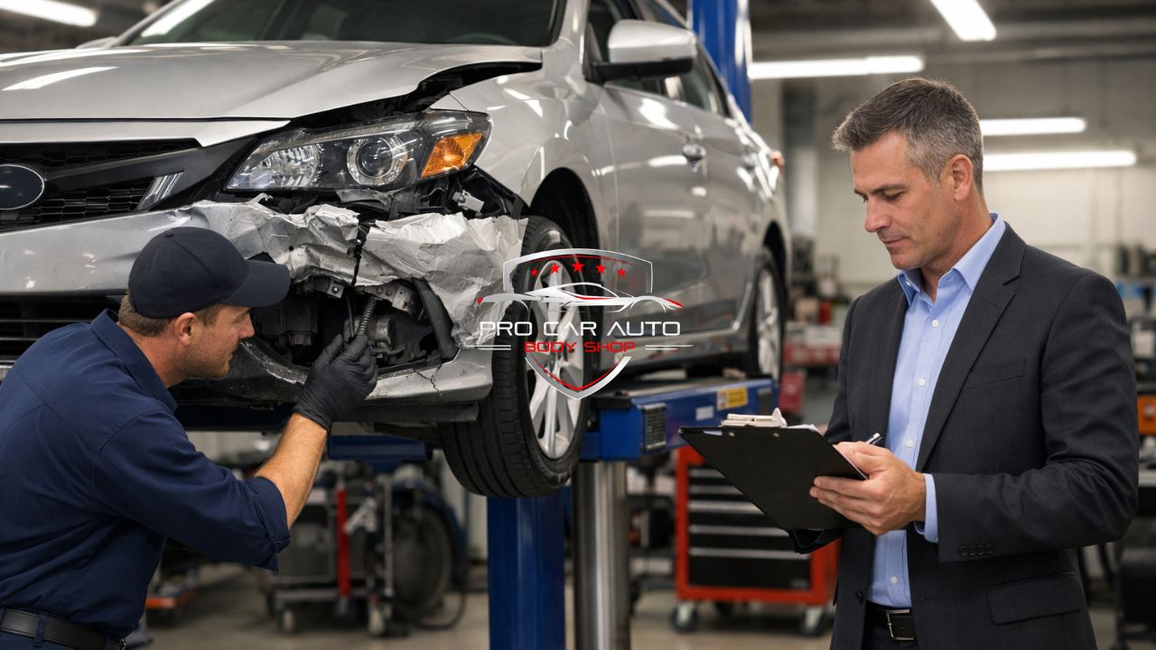 Direct insurance billing body shop in Pompano Beach reviewing collision damage while technician performs structural repair.