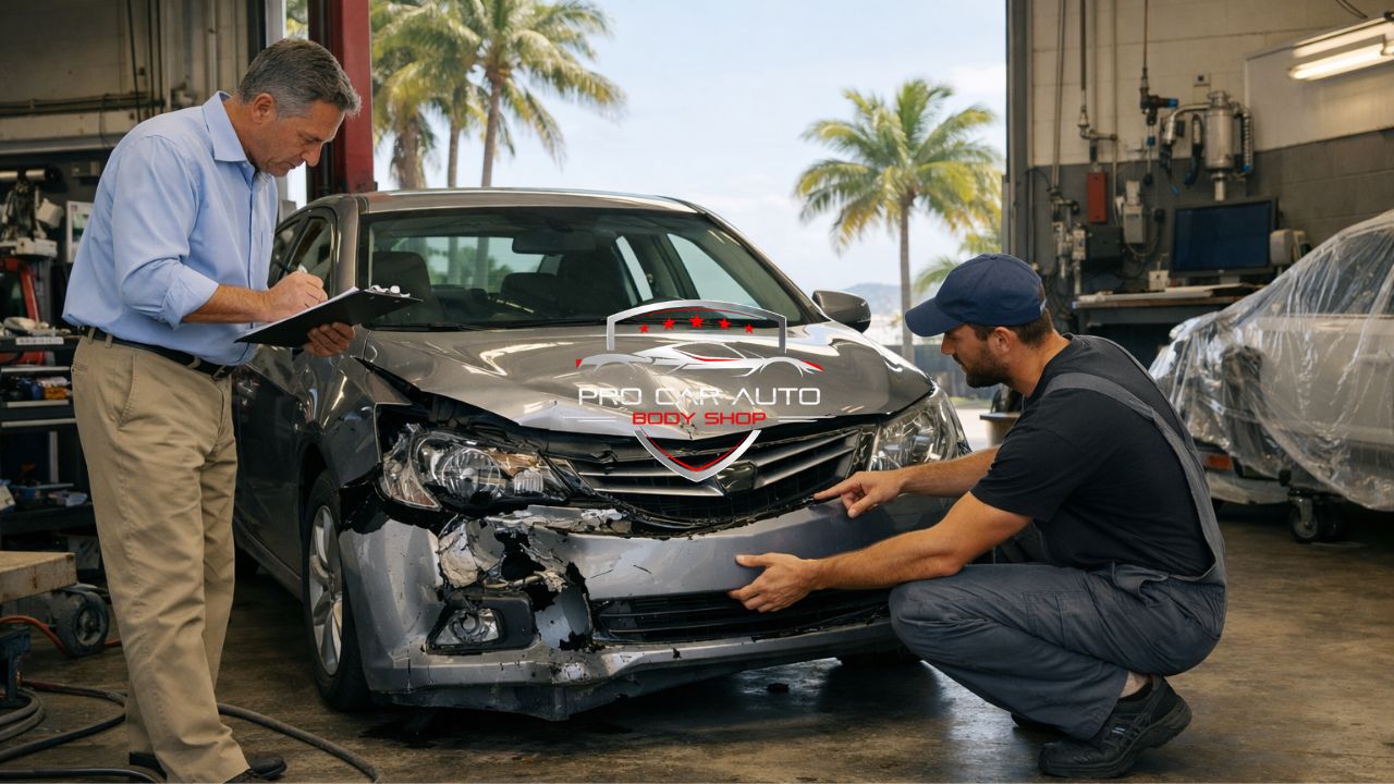 Insurance adjuster evaluating front-end collision damage while auto body technician inspects damaged bumper at Florida body shop.