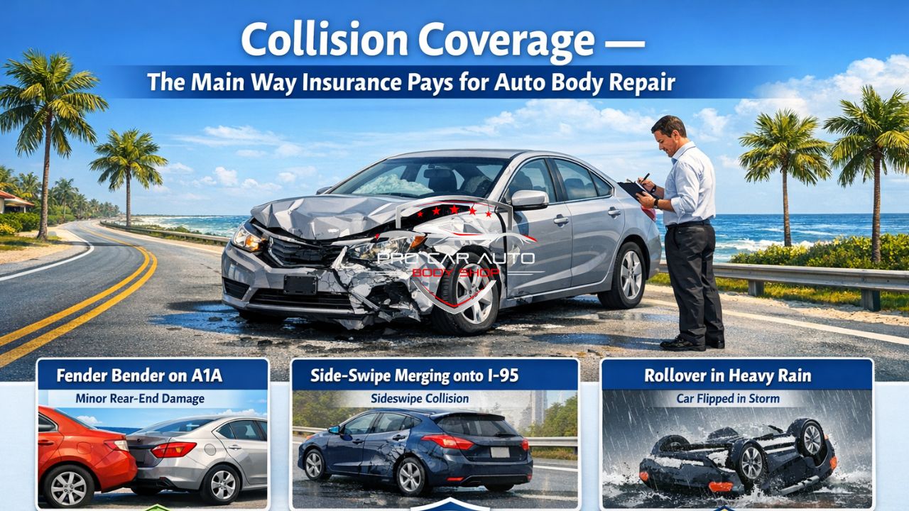 Collision coverage insurance example showing damaged car on Florida coastal road with adjuster inspecting accident damage and auto body repair scenarios.