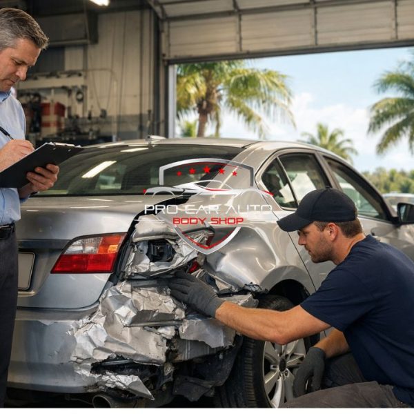 Insurance adjuster inspecting rear end collision damage while auto body technician examines car at Florida collision repair shop 