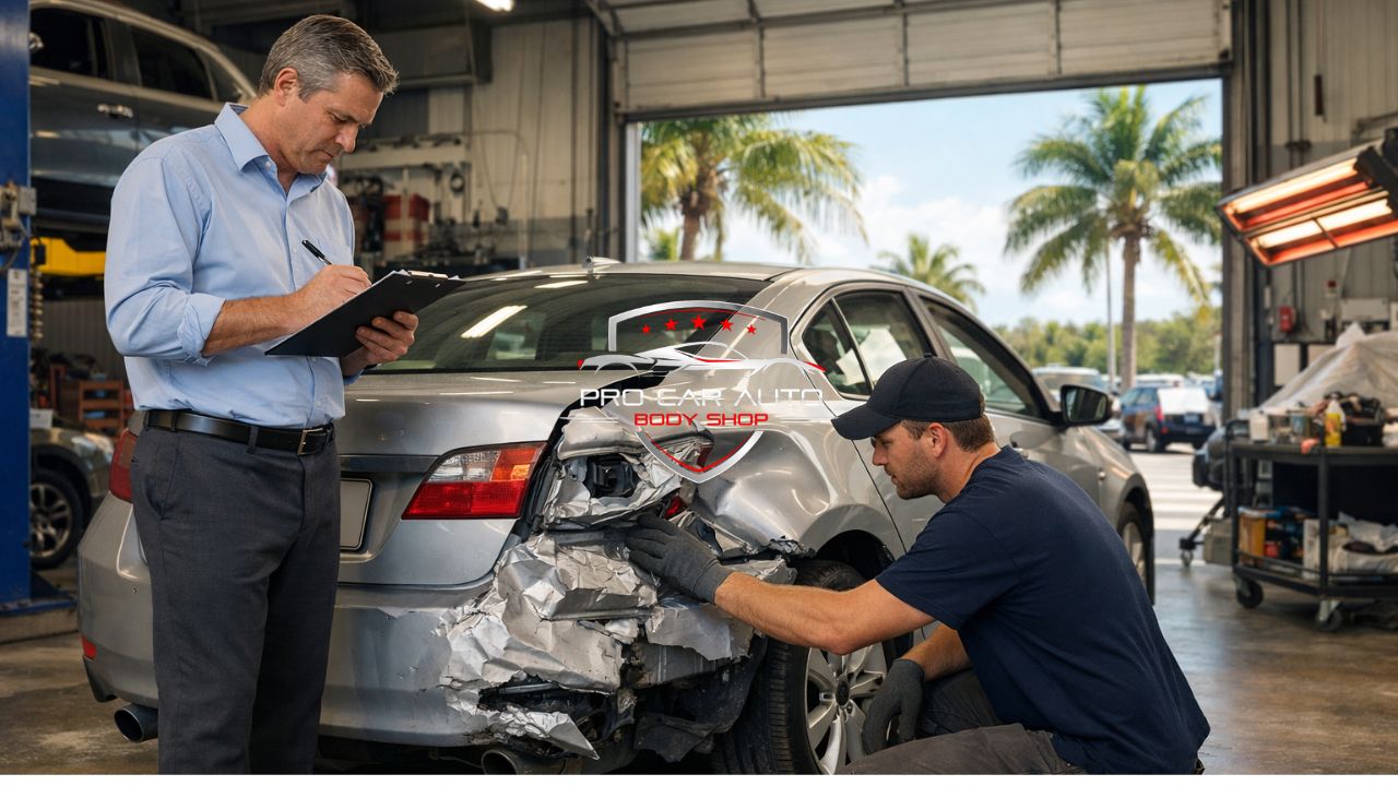 Insurance adjuster inspecting rear end collision damage while auto body technician examines car at Florida collision repair shop