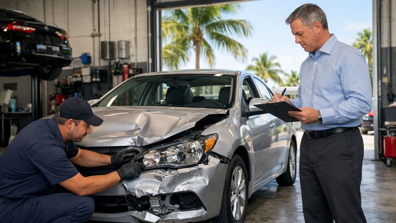 Inspección de daños frontales tras accidente en Pompano Beach con estimado profesional y coordinación con seguro.