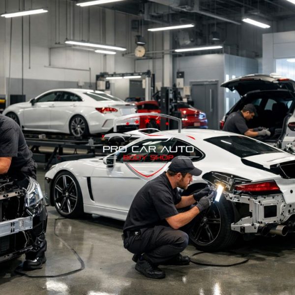Factory certified auto body repair shop in Pompano Beach with technicians repairing luxury vehicles inside modern collision center 