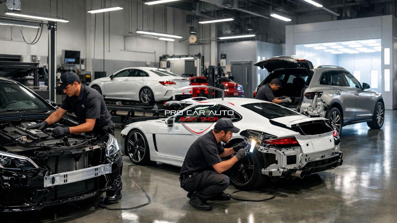 Factory certified auto body repair shop in Pompano Beach with technicians repairing luxury vehicles inside modern collision center 