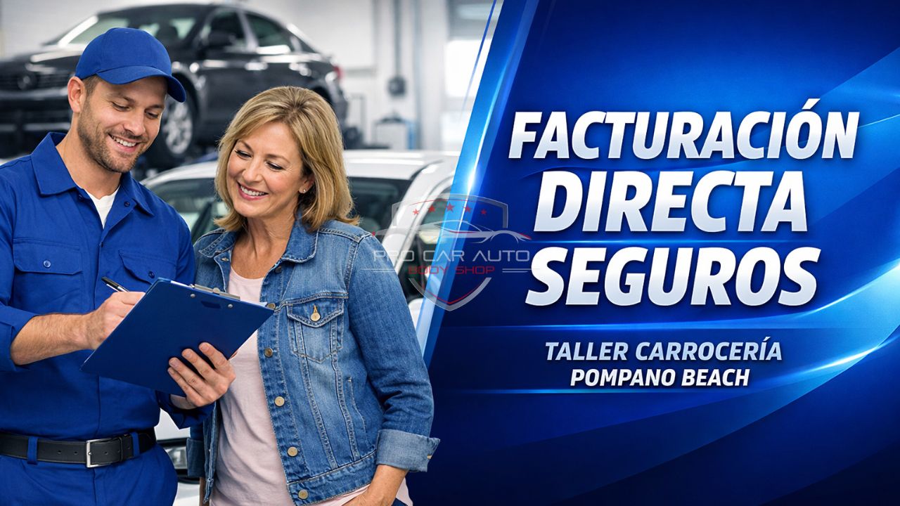 Cliente firmando documento en taller de carrocería con facturación directa a seguros en Pompano Beach, Florida
