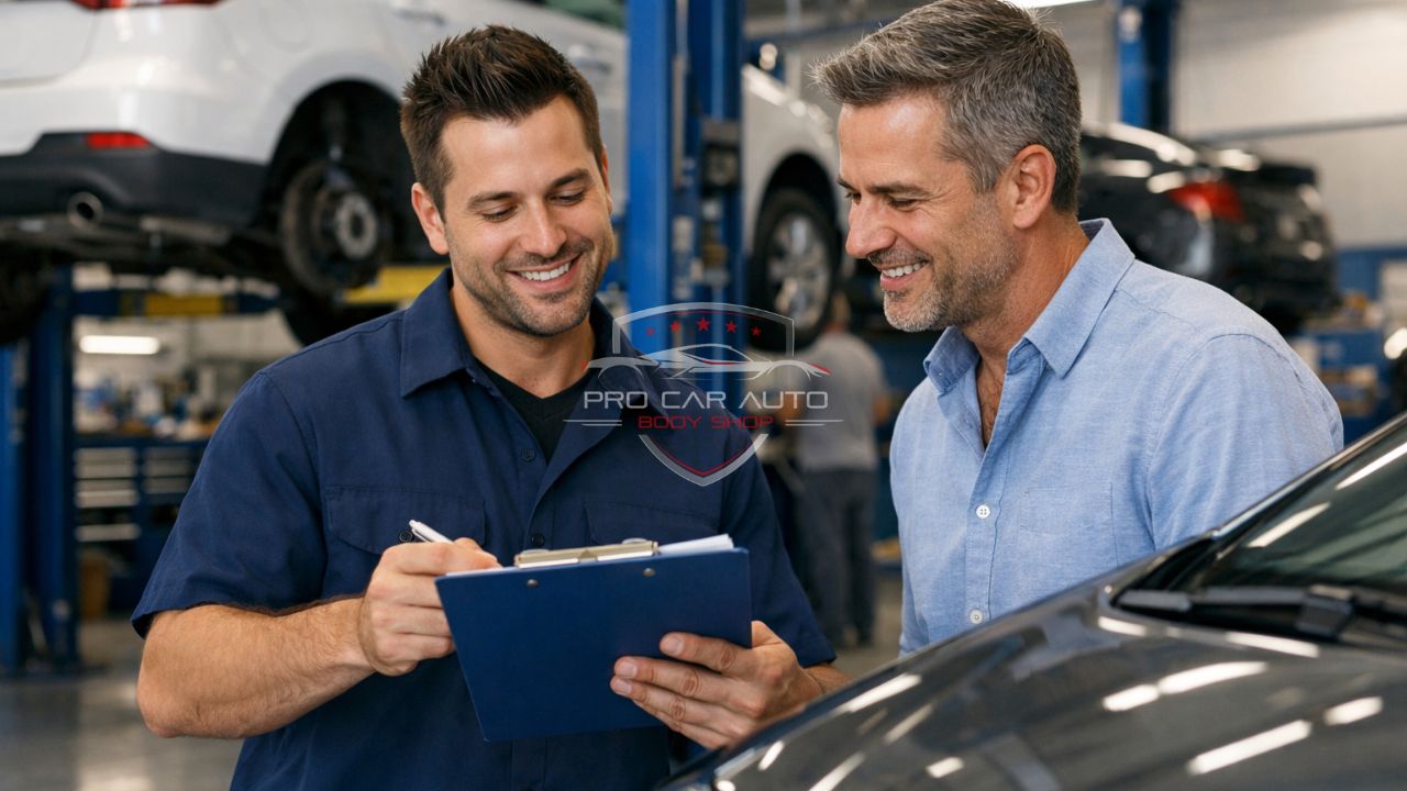 Cliente revisando estimado con asesor en taller de carrocería con facturación directa a seguros en Pompano Beach, Florida.