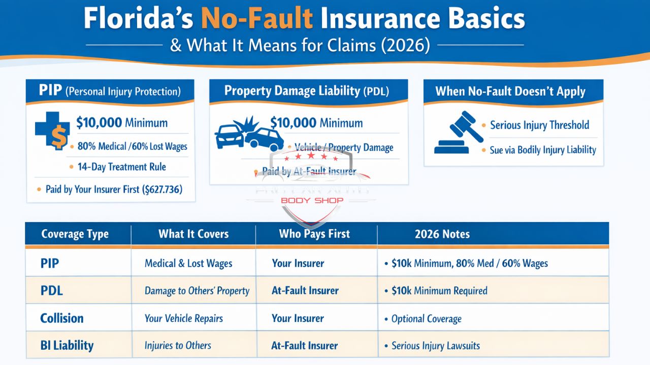 Florida no-fault insurance basics infographic explaining PIP, property damage liability, collision coverage, and bodily injury claims 2026.