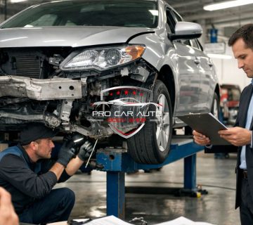 Front end collision repair in Pompano Beach auto body shop with technician inspecting structural damage while insurance adjuster reviews estimate 