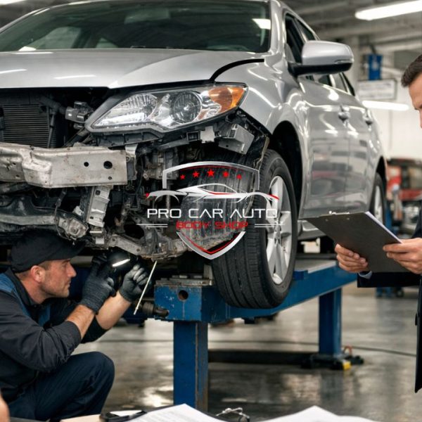 Front end collision repair in Pompano Beach auto body shop with technician inspecting structural damage while insurance adjuster reviews estimate 