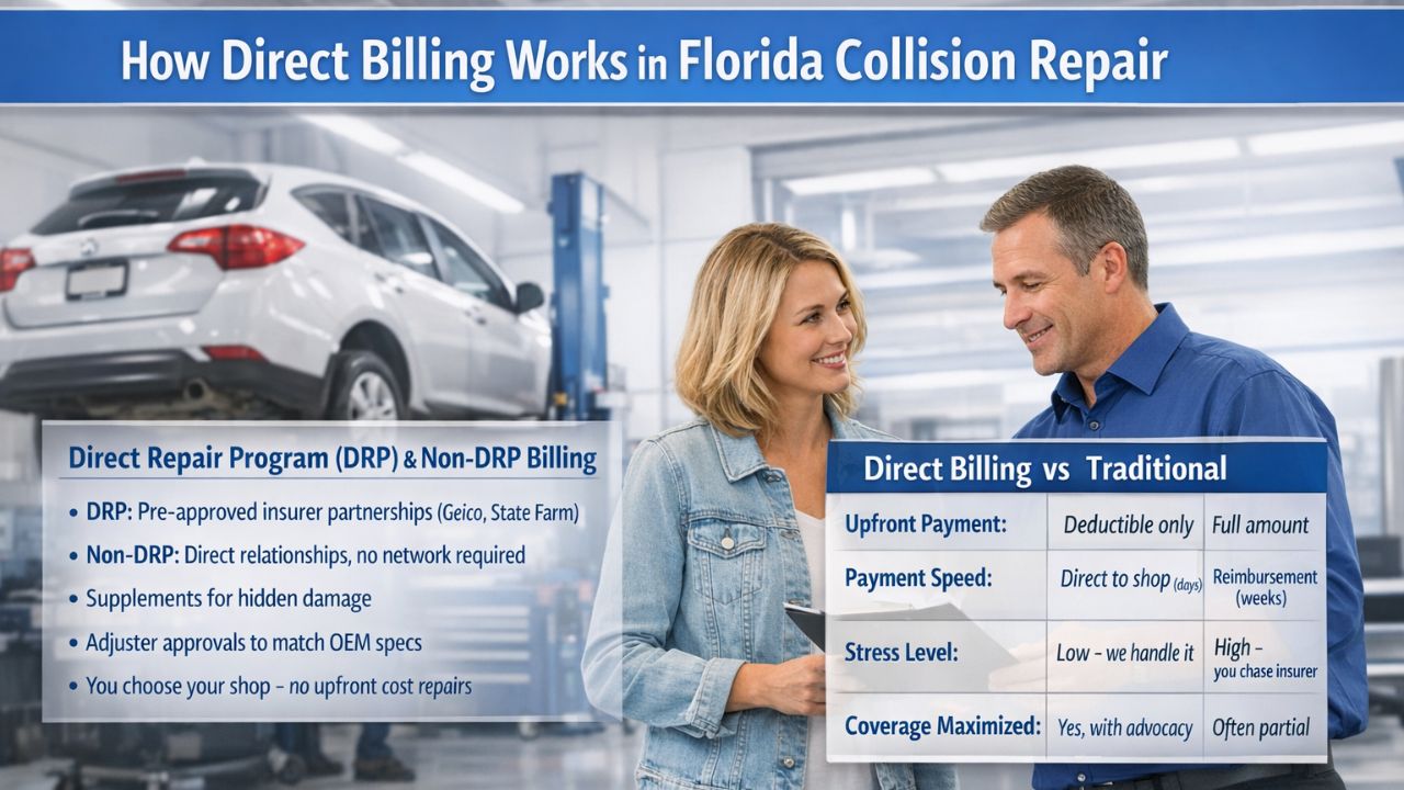 How direct billing works in Florida collision repair showing DRP vs non-DRP insurance billing comparison inside a Pompano Beach auto body shop.