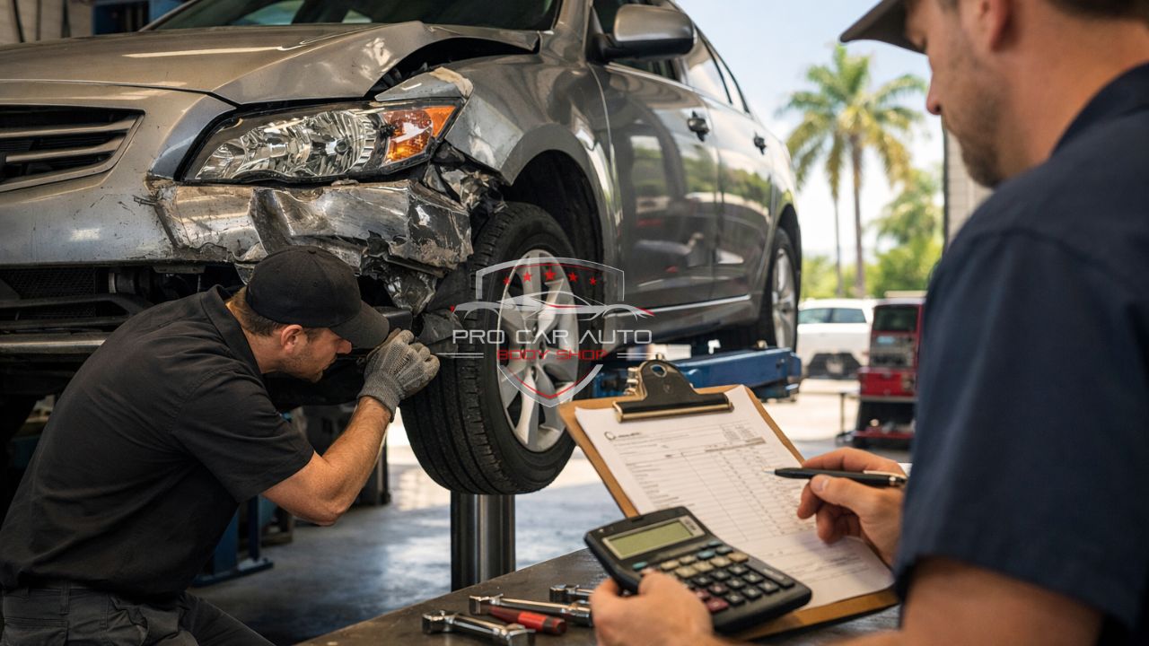 Auto body technician repairing front-end collision damage while insurance estimate is calculated at Florida collision repair shop.
