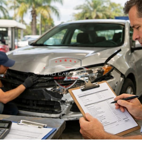 Insurance adjuster reviewing collision repair estimate while technician fixes front end car damage at Florida body shop 