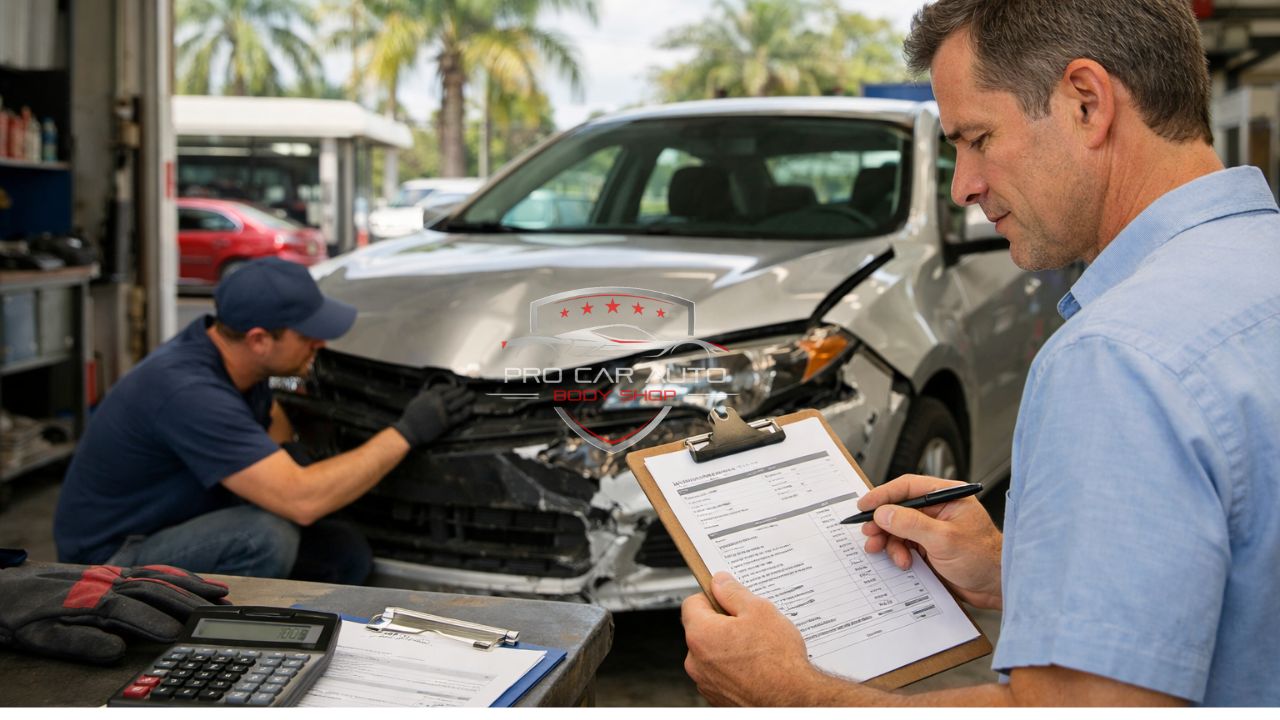 Insurance adjuster reviewing collision repair estimate while technician fixes front end car damage at Florida body shop