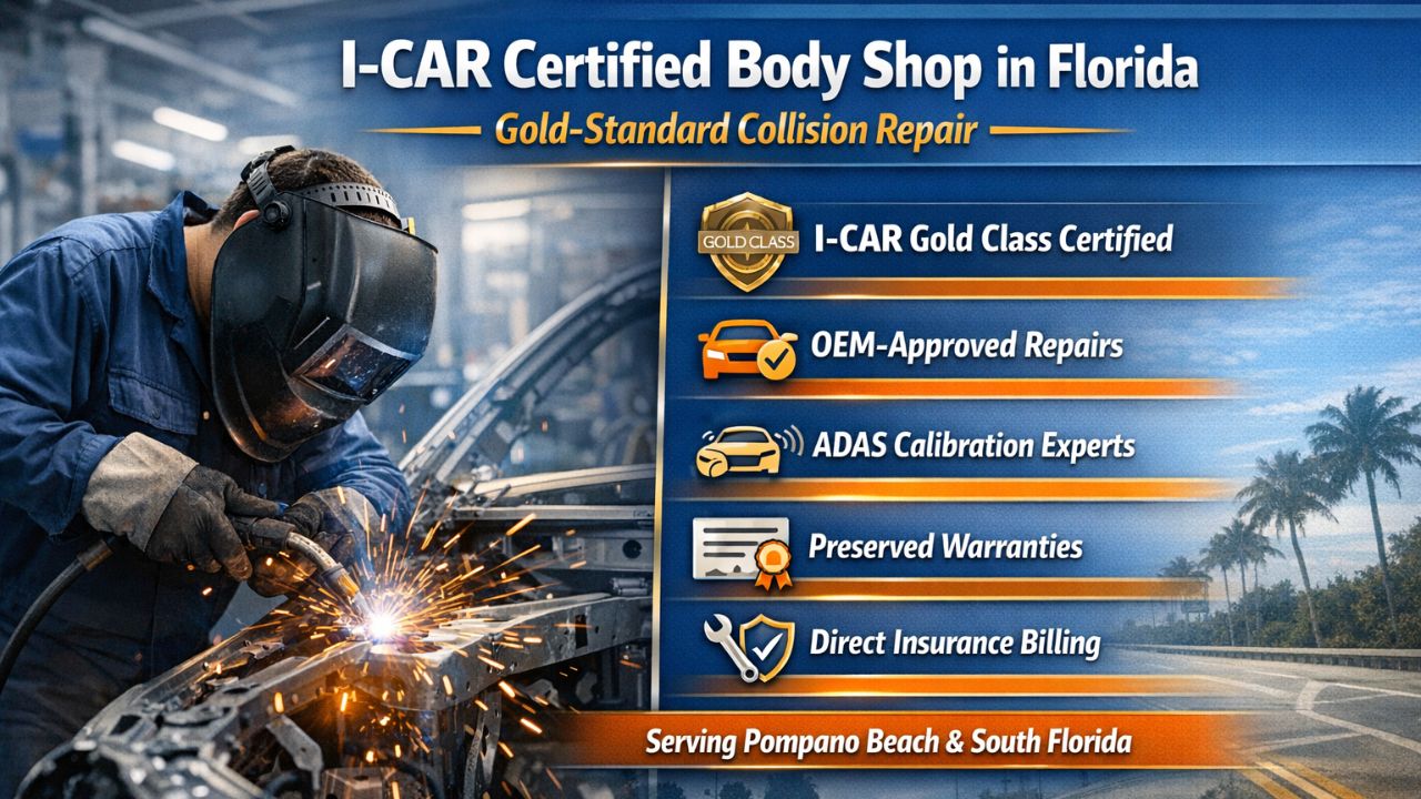 I-CAR certified body shop in Florida offering OEM-approved collision repair, ADAS calibration, and direct insurance billing in Pompano Beach.