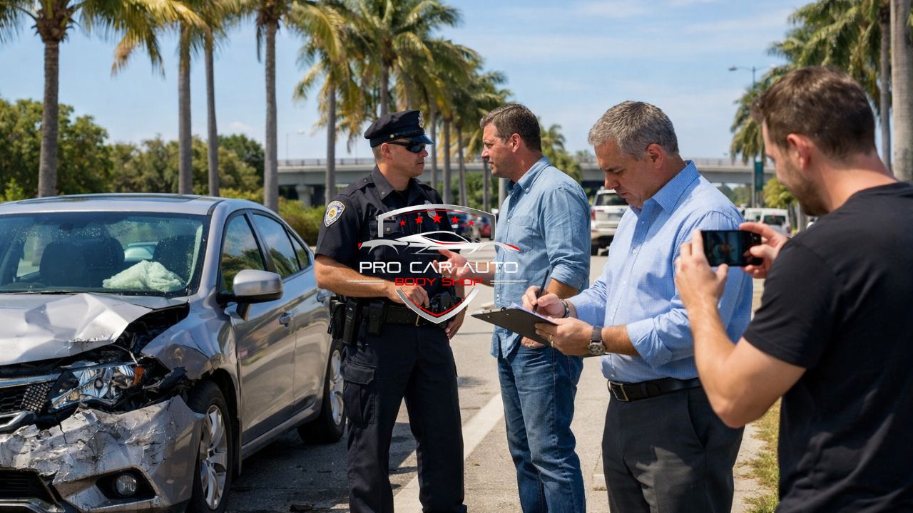Police officer, driver, and insurance adjuster documenting front-end car accident damage during Florida roadside insurance claim process.