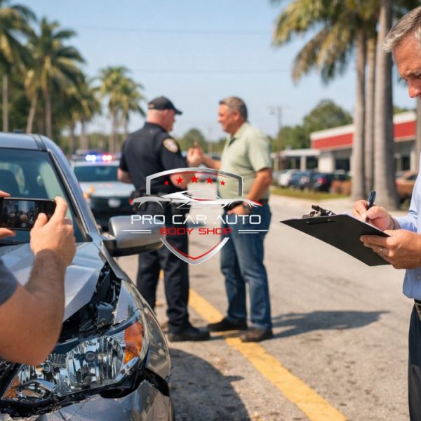 Driver photographing car accident damage while insurance adjuster writes report during Florida roadside collision claim process 