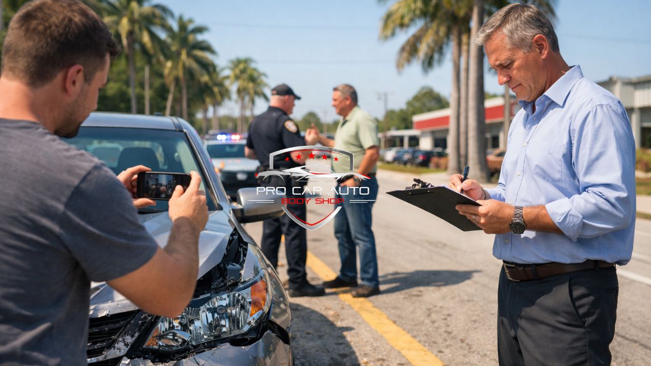 Driver photographing car accident damage while insurance adjuster writes report during Florida roadside collision claim process