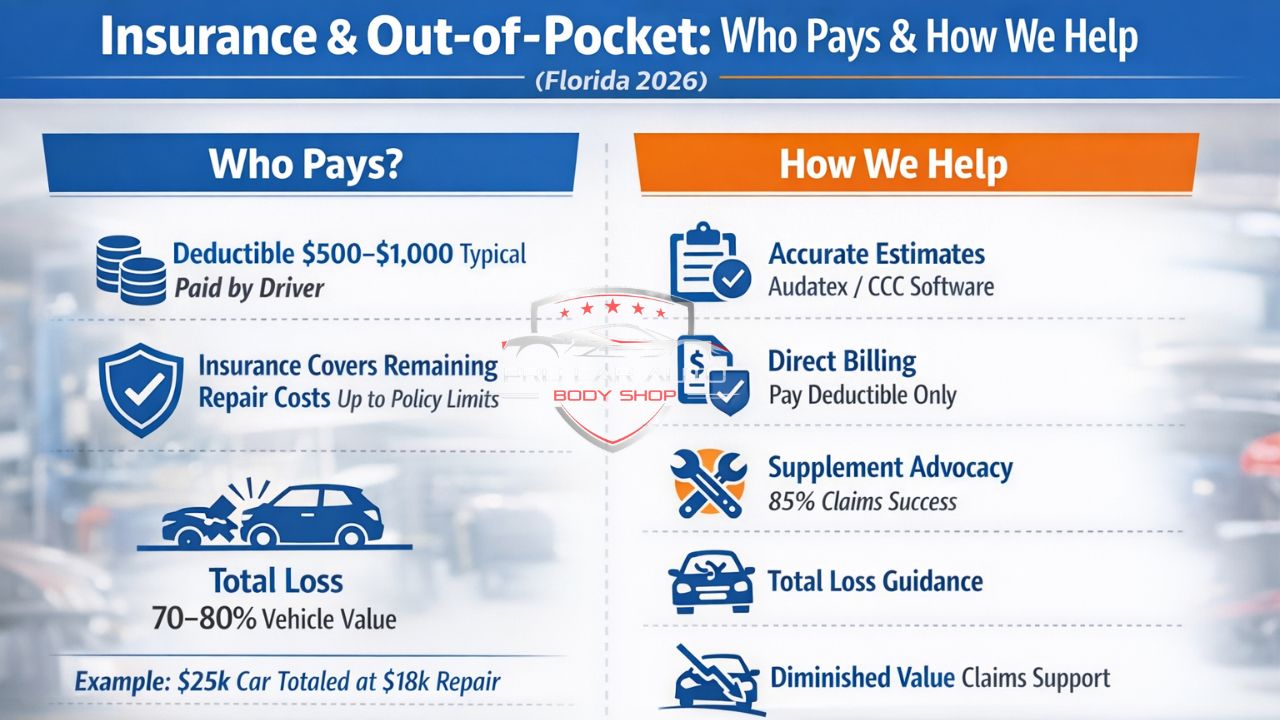 Florida collision repair insurance and out-of-pocket costs infographic explaining deductibles, total loss, and claim assistance services 2026.