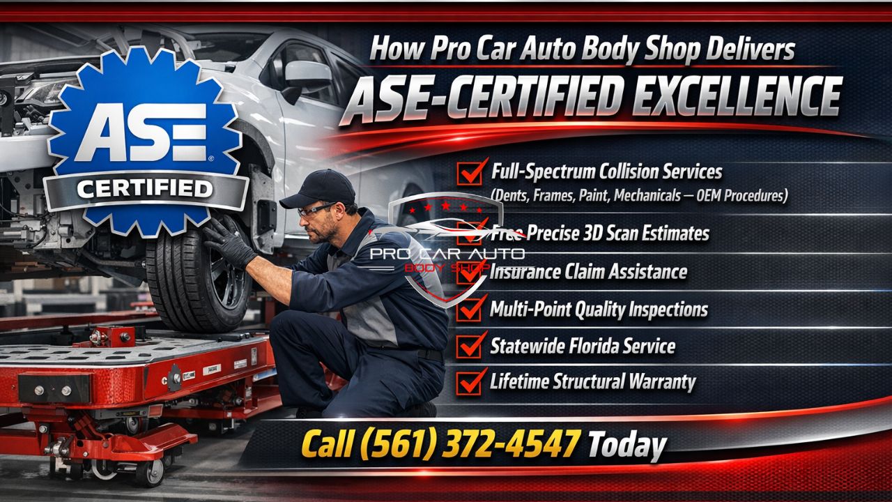 ASE certified collision repair excellence at Pro Car Auto Body Shop in Florida offering OEM repairs and lifetime structural warranty.