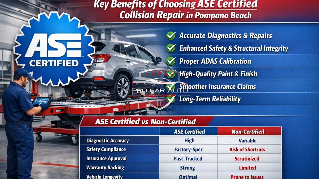 Key Benefits of Choosing ASE Certified Collision Repair in Pompano Beach Opting for an ASE certified collision shop Florida like Pro Car means superior outcomes. Here's why it pays off: Accurate diagnostics & repairs to prevent future issues: ASE pros use proven methods to spot hidden damage, avoiding costly comebacks. Our team employs advanced tools for thorough scans. Enhanced vehicle safety & structural integrity: Certified techs excel in frame straightening and welding, restoring crashworthiness to factory specs—vital on Florida highways. Proper handling of ADAS/mechanical integration: Modern cars rely on sensors and cameras. ASE certified technicians Pompano Beach recalibrate these precisely, preventing airbag failures or blind-spot errors. Higher-quality paint/finishes & matching: B6-certified refinishers blend colors seamlessly, using eco-friendly materials for durable, showroom results. Greater customer confidence & trust: Seeing ASE badges reassures you—backed by rigorous testing, not self-claims. Smoother insurance claims: Insurers like Geico and Progressive favor benefits ASE certified repair Pompano Beach, speeding approvals and payouts. Long-term reliability & fewer comebacks: Certified work lasts, saving you time and money. ASE Certified vs. Non-Certified ASE Certified Non-Certified Diagnostic Accuracy High (exam-proven) Variable Safety Compliance Factory-spec Risk of shortcuts Insurance Approval Fast-tracked Often scrutinized Warranty Backing Strong (ASE/I-CAR) Limited/none Vehicle Longevity Optimal Prone to issues