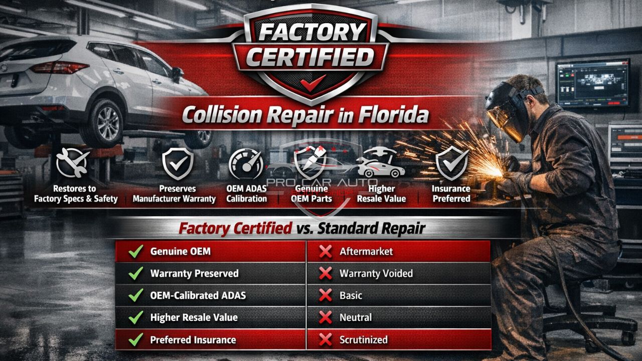 Factory certified collision repair in Florida showing OEM parts, ADAS calibration, warranty preservation, and insurance-preferred status.