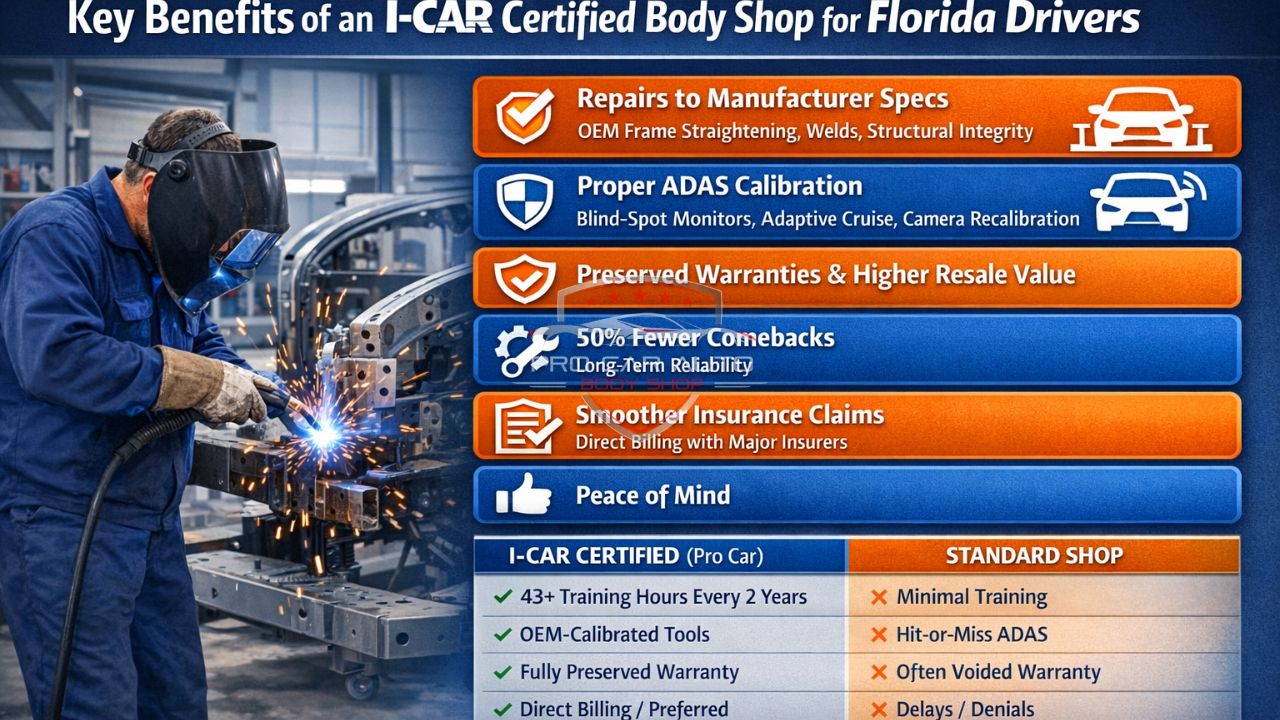 Key benefits of I-CAR certified body shop in Florida showing OEM repairs, ADAS calibration, warranty protection, and insurance claim support.